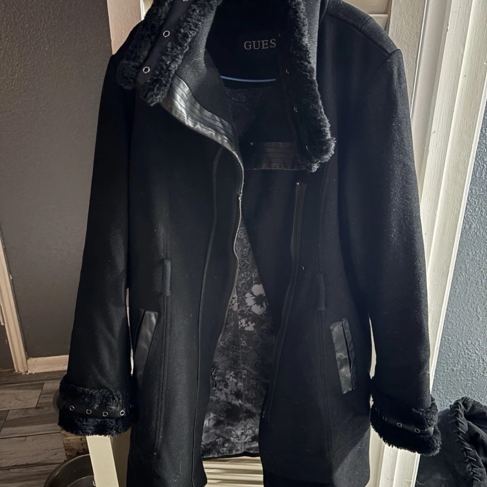 GUESS Women's Black Trench Coat with Faux Fur Trim